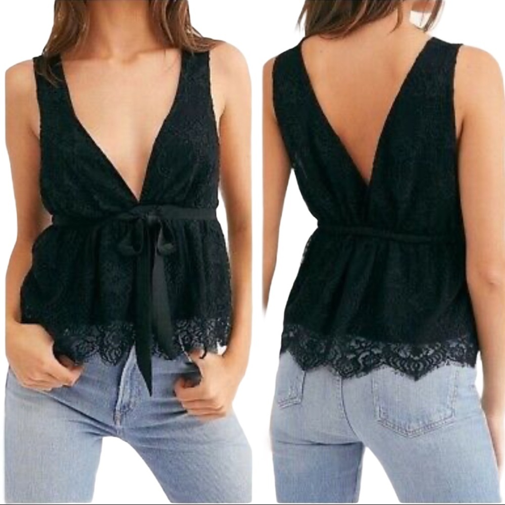 Free People Chante Lace Tie Front Black Tank Top